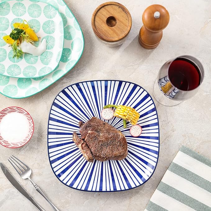 Selamica Porcelain Square Dessert Salad Pasta Steak Plates 10 inches ceramic plates set of 6 microwave/dishwasher/oven safe, Assorted Colors