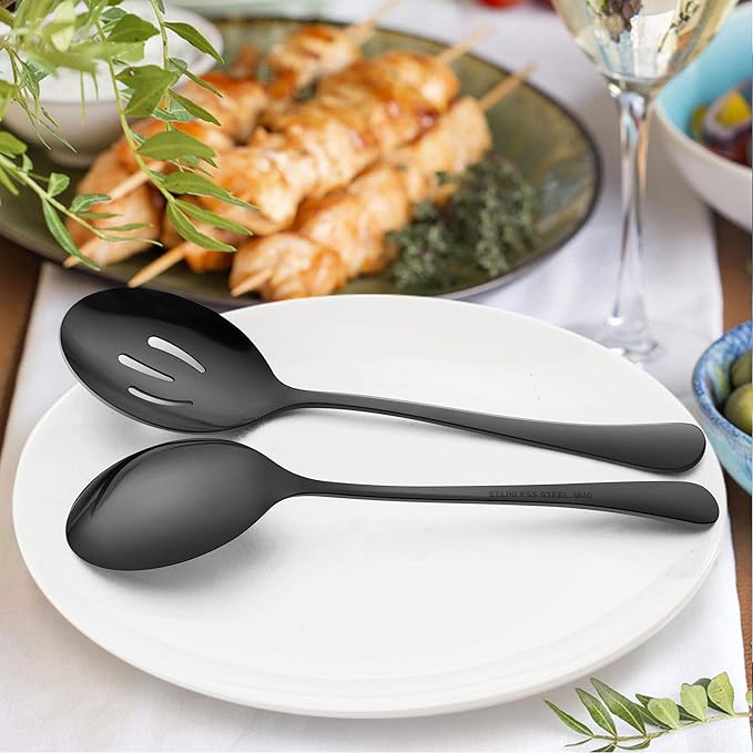 LIANYU 6-Piece Large Black Serving Spoons, Black Slotted Spoons, Stainless Steel Serving Utensils for Party Buffet Restaurant Banquet Dinner Catering, 9.8Inch, Dishwasher Safe