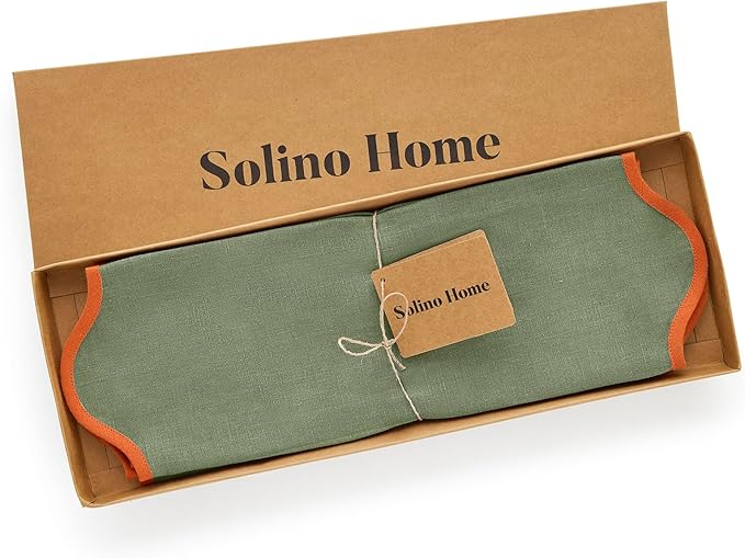 Solino Home Linen Placemats Set of 4-100% Pure Linen Persimmon Orange and Oil Green Round Cloth Placemats 16 Inch for Christmas - Giselle Scallop Edge, Handcrafted and Machine Washable