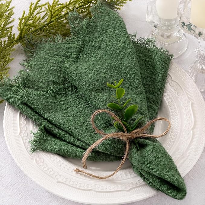 Socomi Set of 12 Linen Napkins Green Easter Spring Cloth Napkins Washable Cotton Dinner Napkins Fringe 17"x17" for Wedding Party Bridal Baby Shower Birthday Table Decorations