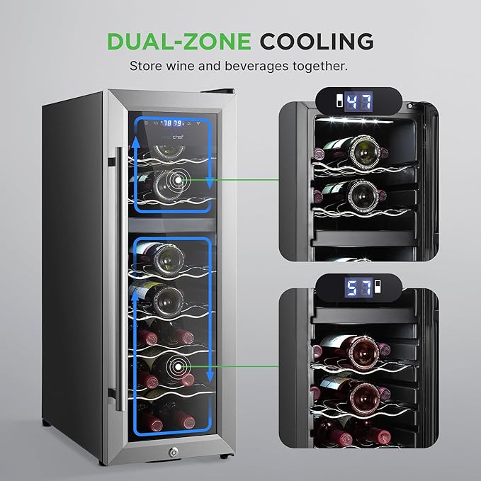Nutrichef 18 Bottle Wine Fridge | Dual Zone Wine Chiller | Adjustable Temperature 41°F to 64°F | Ultra Quiet Operation | Wine Cooler For Home & Office | Free Standing 32x11x23 IN (Black)
