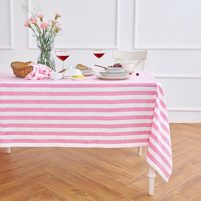 Solino Home Linen Tablecloth 60 x 120 Inch - Sorrento Stripe 100% Pure Linen Chateau Rose and White Table Cloth for Rectangle Tables - Machine Washable Tablecloth for Valentines, Spring, Easter