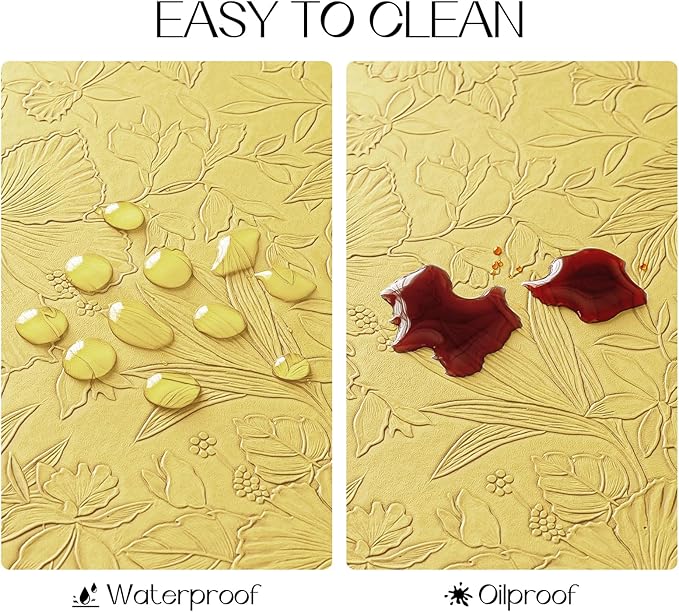 Romanstile Vinyl Placemats Set of 6-12 X 17 Inch - Heat Resistant Non-Slip Embossed Floral Place Mats 100% Waterproof Oilproof Wipeable Faux Leather Table Mats for Kitchen/Dining/Party, Yellow