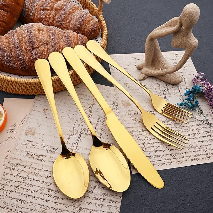 JASHII 25-Piece Fork Spoon Knife Silverware Set with Serving Utensils for 4, Food Grade Stainless Steel Flatware Cutlery Set for Home and Restaurant, Dishwasher Safe - Shiny Gold