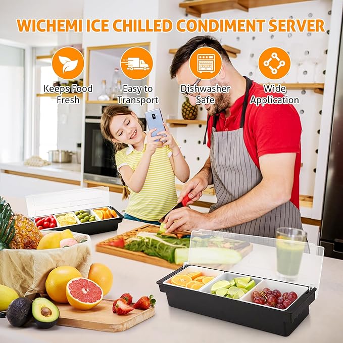 WICHEMI Fruit, Veggie & Condiment Caddy with Lid Dispenser Tray Garnish Station for Bartending & Serving Taco, Ice Cream, Salad Bar - Topping Organizer for Restaurant Supplies (3 Compartment, 2 Pack)