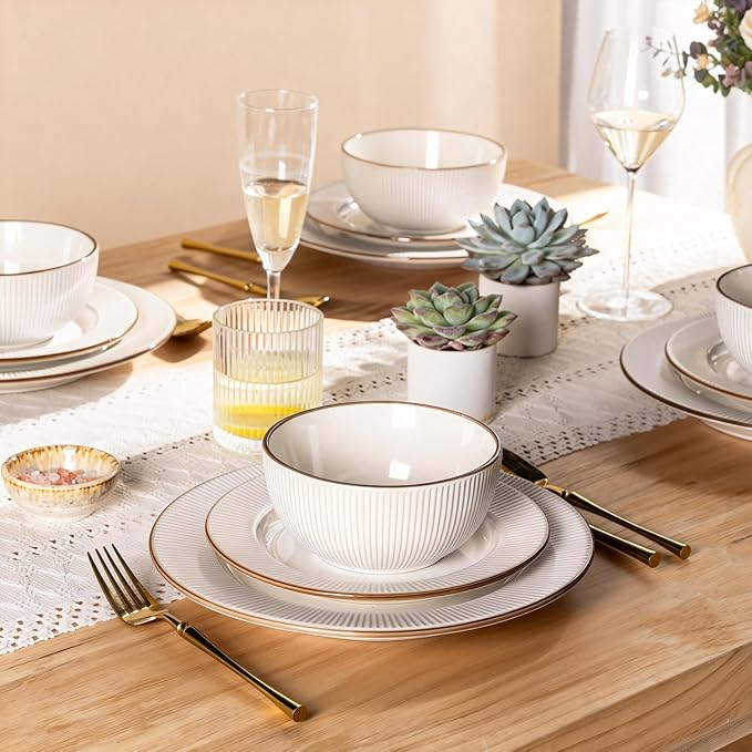 GBHOME Ceramic Dinnerware Sets, 32 pcs Embossed Elegant Stoneware Plates and Bowls Sets, Housewarming Wedding Gift | Dishwasher & Microwave Safe | Dishes Set Service for 12
