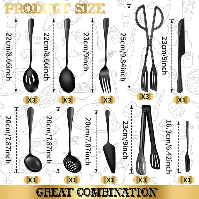 20 PCS Serving Utensil Set & Catering Serving Utensils - Stainless Steel Complete Buffet for Weddings, Holidays, Parties & Family Gatherings - Serving Utensils Set for Parties (Black)