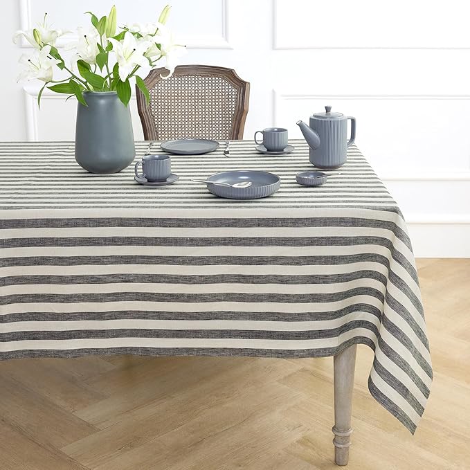 Solino Home Linen Square Tablecloth 52 x 52 Inch - Sorrento Stripe, 100% Pure Linen Black and Natural Table Throw - Machine Washable Tablecloth