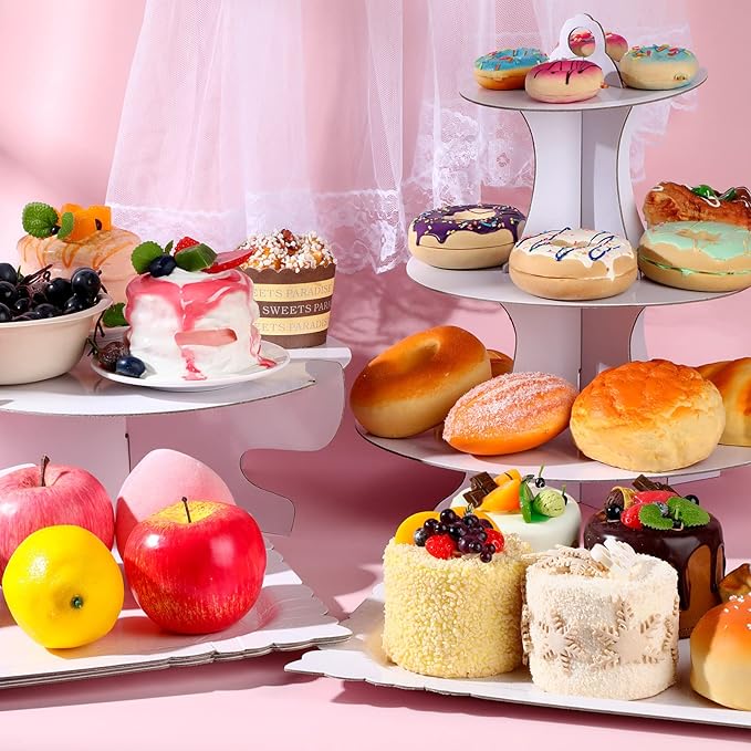 Zopeal 7 Pcs Dessert Table Display Set 3-Tier Cupcake Stand 1-Tier Cup Cake Display Tower Platters and Serving Trays Cardboard Cake Cookie Holders for Wedding Birthday Party Baby Shower(White)
