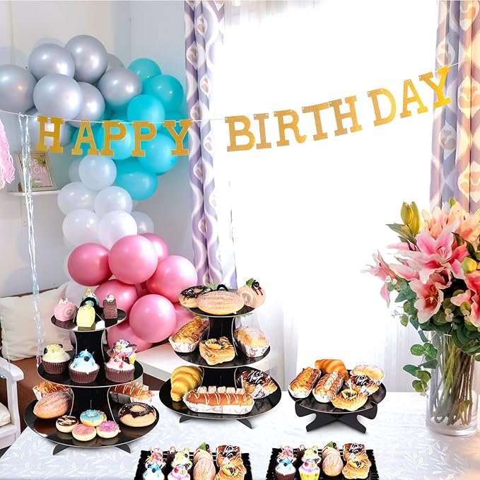 Zopeal 7 Pcs Dessert Table Display Set 3-Tier Cupcake Stand 1-Tier Cup Cake Display Tower Platters and Serving Trays Cardboard Cake Cookie Holders for Wedding Birthday Party Baby Shower(Black)