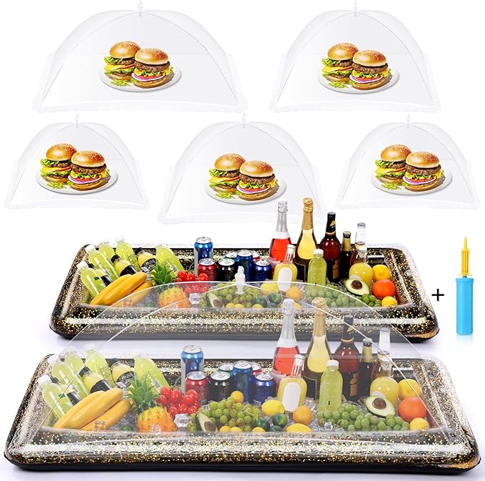 8 Pcs Glitter Inflatable Serving Bar Kit Includes 2 Salad Buffet Tray with Drain Plug 5 Mesh Food Cover 1 Inflator Inflatable Food Drink Containers for Outdoors Pool Party Camping(Black)
