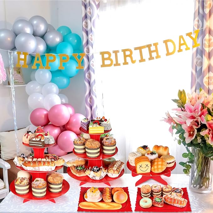 Zopeal 7 Pcs Dessert Table Display Set 3-Tier Cupcake Stand 1-Tier Cup Cake Display Tower Platters and Serving Trays Cardboard Cake Cookie Holders for Wedding Birthday Party Baby Shower(Red)
