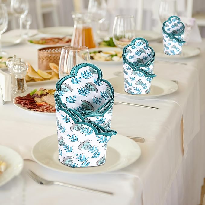 Ridhi Hand Block Print Aquamarine Blue 18" x 18" (Set of 4) Embriodery Table Napkins Reusable Cotton Dinner Napkins for Weddings, Parties, Everyday Dining Gift for Spring, Easter, Valentine
