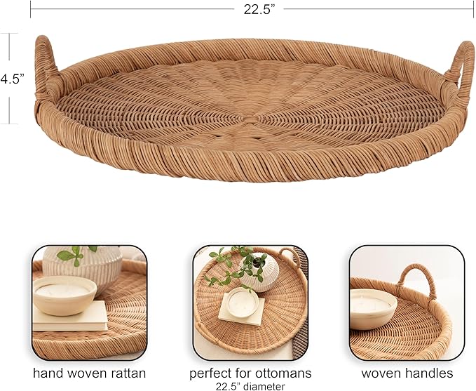 Kate and Laurel Cormont Modern Round Woven Rattan Tray with Handles; 23 Inch Diameter; Natural Rattan; Decorative Circle Boho Tray for Use as Versatile Ottoman Tray or Serving Platter