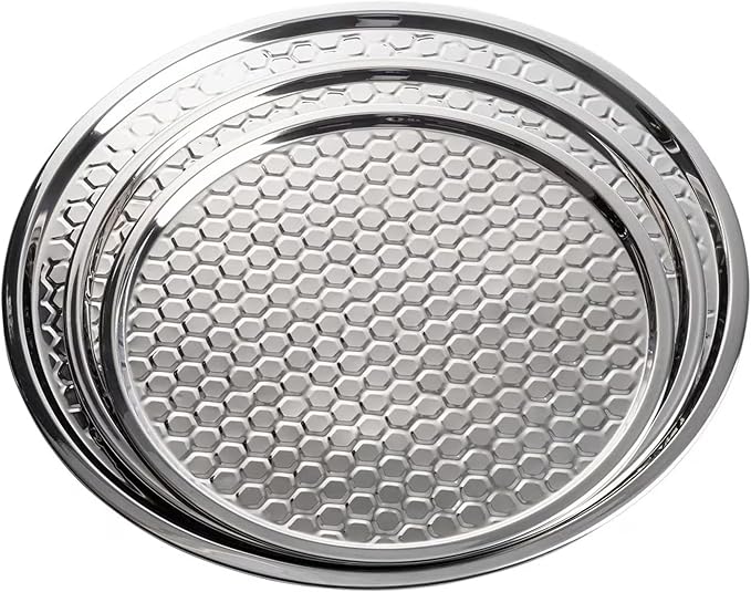 TableCraft 12846 Hive Collection Round Serving Tray, Stainless Steel with Mirror Honeycomb Pattern, Flat Display Tray for Catering & Buffet Service, 16 x 16 x 0.25 Inches