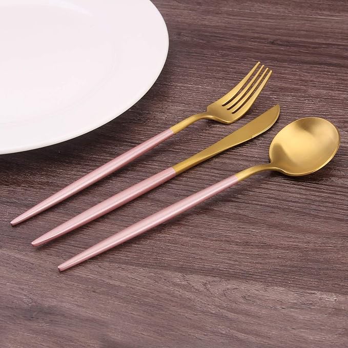 Bysta 5-Piece Stainless Steel Flatware Set, Matte Gold Silverware Set with pink handle, Kitchen Utensil Set Service for 1, Tableware Cutlery Set for Home and Restaurant, Dishwasher Safe