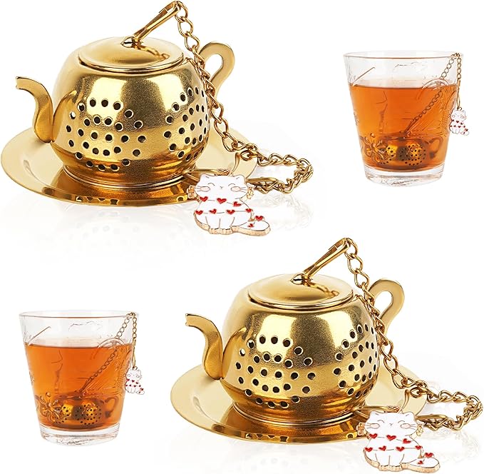Set of 2 Loose Leaf Tea Infuser Ball, Stainless Steel Tea Brewer Filter with Cat Accessories, Tea Strainer with Chain and Drip Trays (Gold)