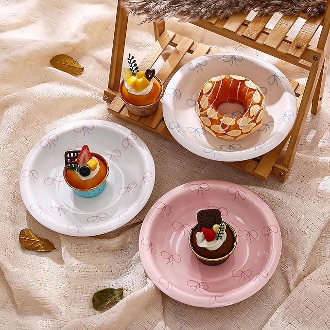 Koythin Ceramic Dessert Plates, Cute Pink Dish Bow Salad Plates for Home Party Restaurant, Round Kitchen Plates, Microwave and Dishwasher Safe (Pink Plate Bow)