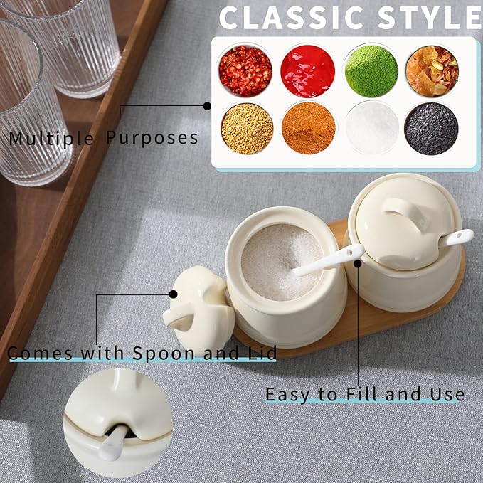 HAOTOP Ceramic Sugar Bowl 2 Pack, PorcelainJar with Tray, Spoon and Lid for Sugar, Pepper, Coffee, Spice, Salt, 12 Ounces (Beige)