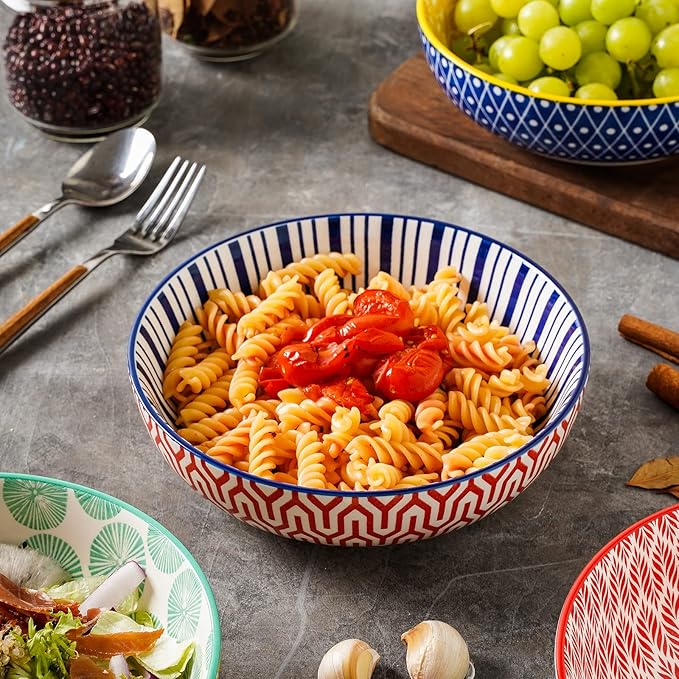 Selamica Ceramic 50 Ounce Pasta Bowls Set of 4, 8.6 Inch Large Salad Bowls, Wide and Shallow Porcelain Soup Bowls, Stackable Serving Bowls, Microwave Dishwasher Safe, Assorted Colors