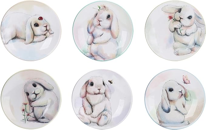 Bico Pastel Lop Bunny 6 inch Ceramic Appetizer Plates, Set of 6, for Salad, Appetizer, Snacks, Plates Microwave & Dishwasher Safe