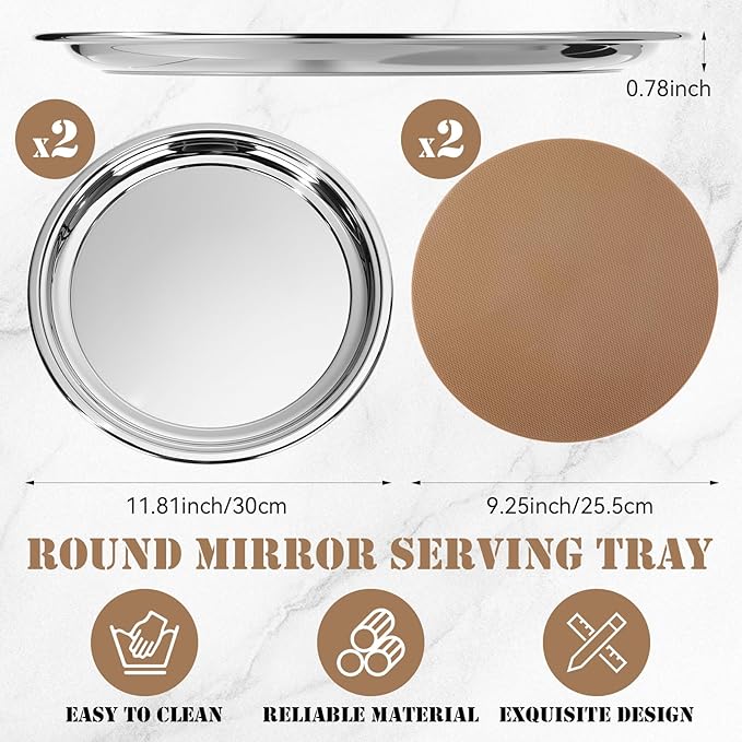 LemonRoad 2 Set Round Silver Mirror Decorative Tray 11.81 Inches Stainless Steel Metal Serving Tray Mirrored Finish Circular Bar Platter with Anti Slip Mat Vanity Kitchen Organizer for Home