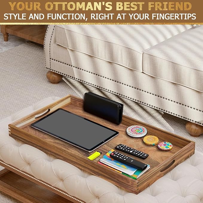 MAONAME Extra Large Ottoman Tray, 32 x 18 inches Wooden Serving Tray for with Handles, Acacia Wood Serving Platter Trays for Living Room, Breakfast