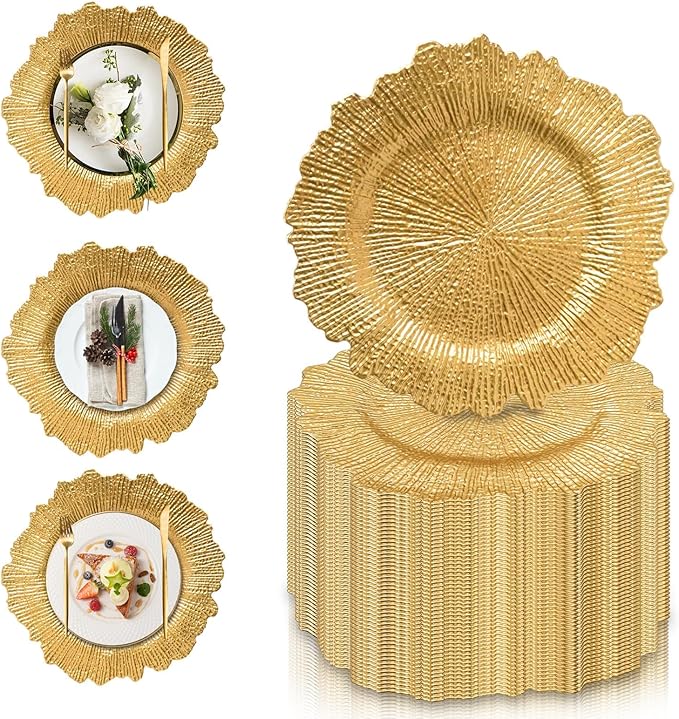 PROY 13 Inch Round Gold Charger Plates, Gold Chargers for Dinner Plates, Plastic Reef Charger Set of 12 for Wedding, Thanksgiving, Christmas