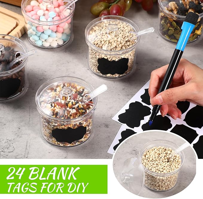 Tioncy 12 Pcs Hot Cocoa Bar Supplies Sugar Bowls with Lid and Spoon Party Bar Ice Cream Sundae Caramel Apple Dipping Container Christmas Acrylic Candy Dispenser with Tag (7.1 oz,Clear)