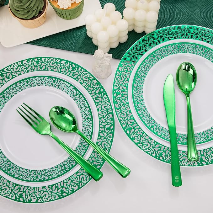 U-QE 150PCS Green Christmas Plastic Plates with Plastic Silverware, Green Christmas Disposable Plates for 30 Guests Include 30 Dinner Plates, 30 Salad Plates,30 Guests Silverware Perfect for Party