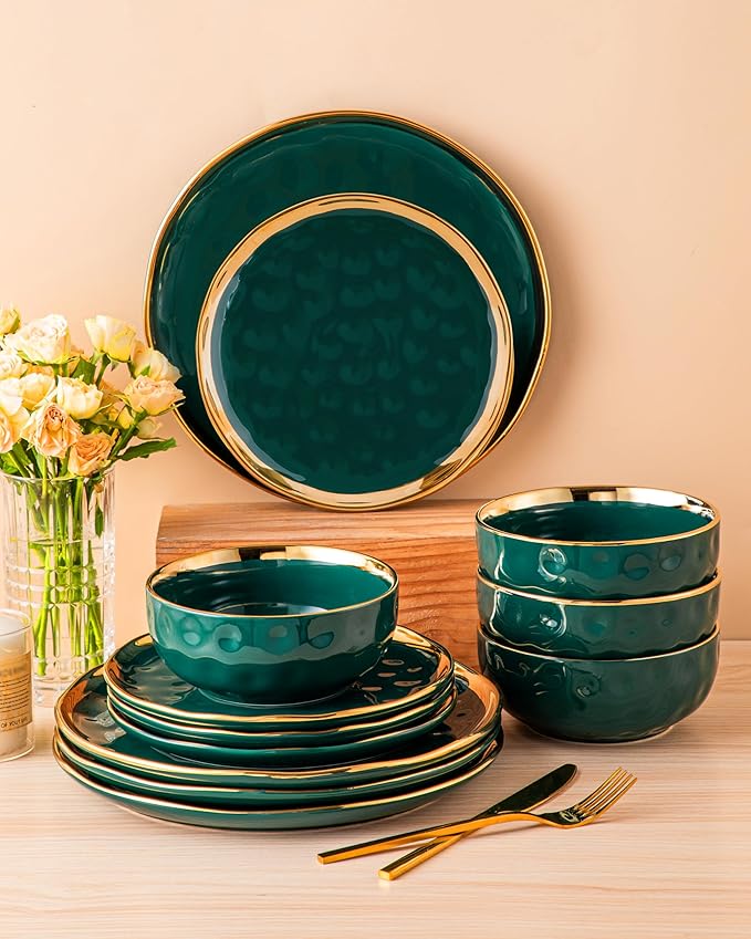LOVECASA 12 Pieces Plates and Bowls Sets, Porcelain Green and Gold Dinnerware Sets, Round Dinner Plates Dishes Set Service for 4, Dishwasher Safe and Scratch Resistant, Green