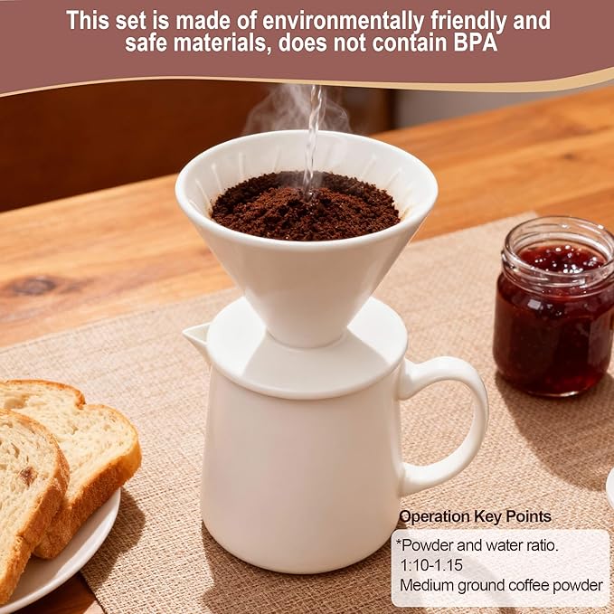 Ceramic Pour Over Coffee Maker Dripper - Uses Standard #2 & #4 Paper Filters, 450ml/15oz, White, Barista Style for Home & Office