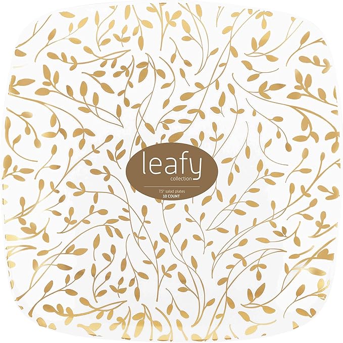 PLASTICPRO Square 128 Piece Combo Plates Set includes 64 x 7'' inch Salad Plates & 64 x 10'' inch Dinner Plates White Plastic With Gold Leafy Design Party Plates, heavyweight Elegant, Dishes,