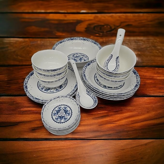 28-piece Bone China Blue and White Dinnerware Set Service for 6 Rice Bowl Set Jingdezhen, (blue lotus)