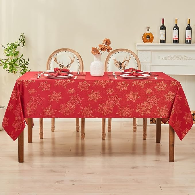Rectangle Fancy Metallic Sparkling Snowflake Christmas Fabric Table Cloth red Hunter Gold Navy White Silver No-Iron Soil Resistant Woven Holiday Table Cover(Red Gold/60x104Inch)