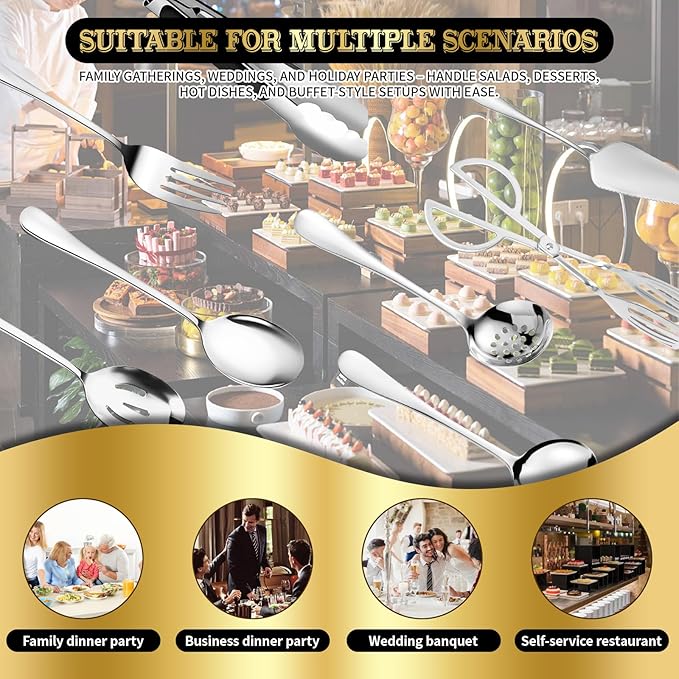 32Pcs Serving Utensils Set Serving Spoons, Buffet Tongs, Cake Spatula, Forks, Perforated Ladles, Soup Scoops, Skimmers and Black Heavy-Duty Serving Tongs (Silver)