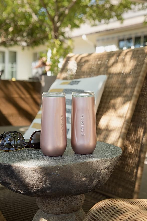Vinglacé Champagne Bottle Chiller Gift Set- Portable Stainless Steel Sparkling Wine Cooler with 2 Stemless Champagne Flutes, Rose Gold