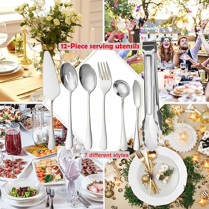 12Pcs Silver Serving Utensils Stainless Steel Serving Spoon,Slotted Spoons Serving Forks,Serving Tongs Cake Server Dessert Spoon Serving Flatware Set Great for Parties Buffet Party