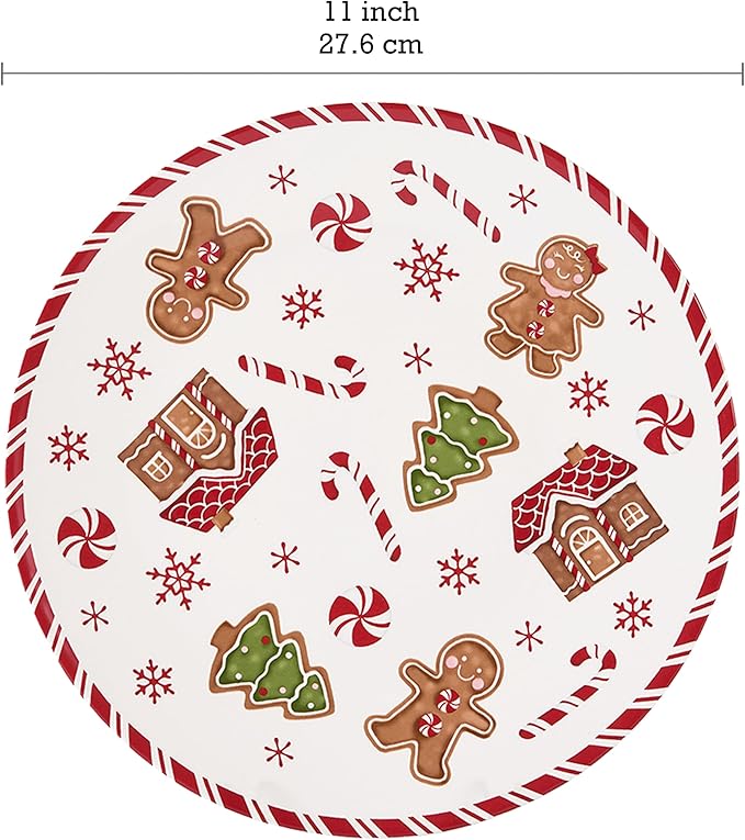Bico Traditional Gingerbread Man Dinner Plates Set of 4, 11 Inch Large Ceramic Plates for Pasta, Steak, Stylish Serving Dishes, Microwave and Dishwasher Safe, Gift for Housewarming and Christmas