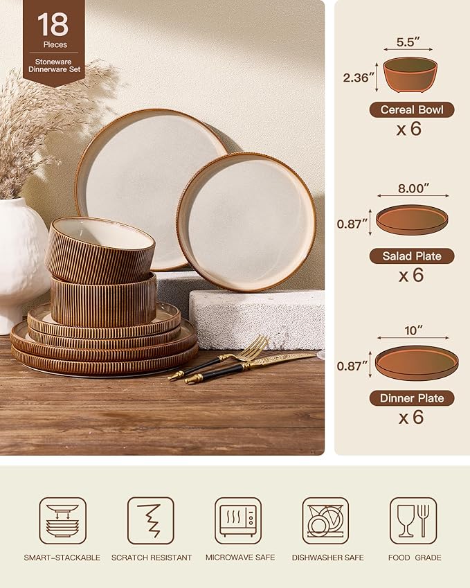 Stoneware Plates and Bowls Dishes Sets Service for 6 (18-Piece), Handcrafted Reactive Glaze Dinnerware Set with Raised Rim, Scratch Resistant, Microwave Dishwasher Safe, Cream Cocoa