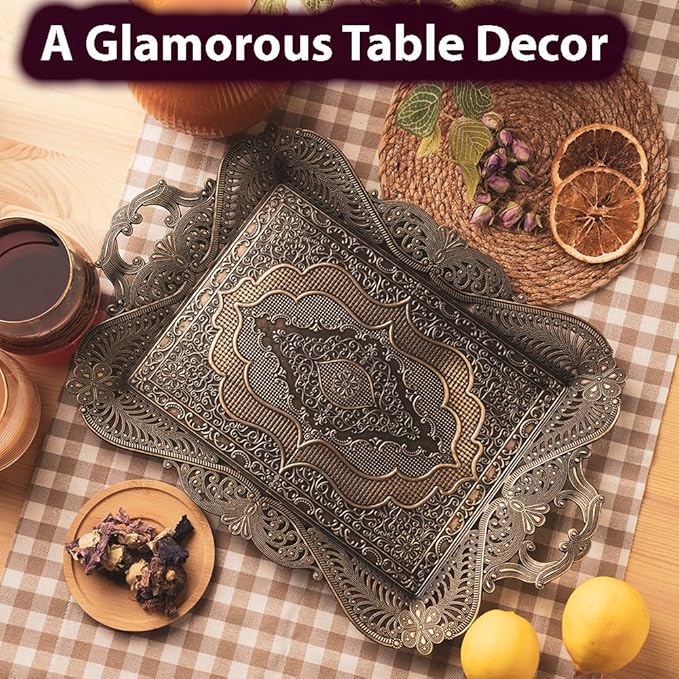 Moroccan Antique Coffee Tea Serving Tray Table Home Decor Decorative Handle - Antique Arabic Brass Fancy Persian Rectangle Vintage Retro Rustic Ottoman Farmhouse Style Decor Tray Traditional