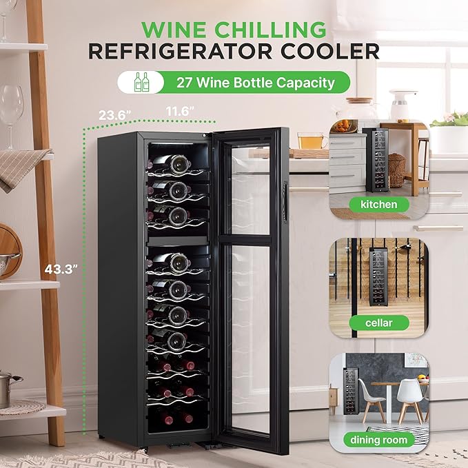 NutriChef PKCWCDS275 Dual-Zone Wine Cooler, 27-Bottle Refrigerator, Digital Touch Button Control with Air Tight Seal, Adjustable Temp 41-64F, Freestanding Cooler, Black