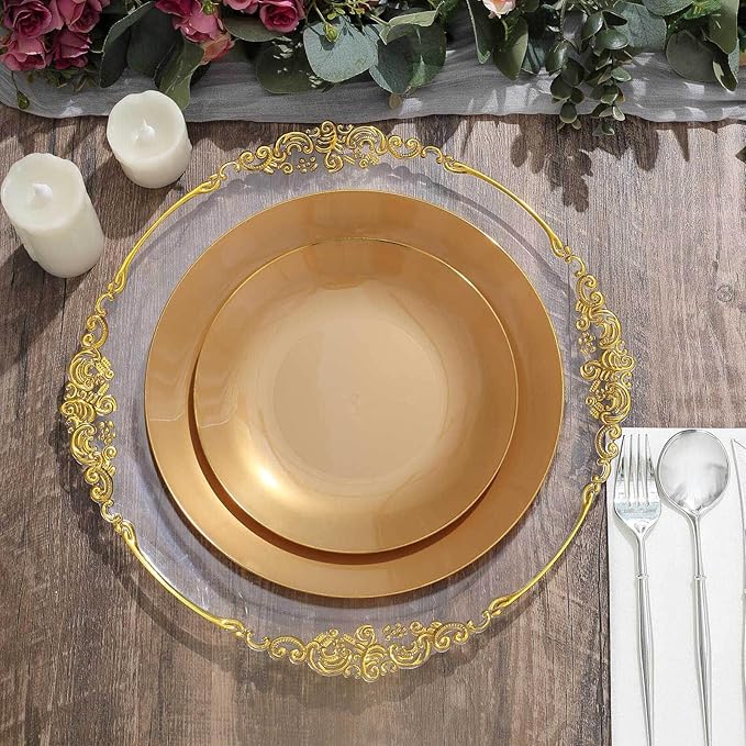 Efavormart 10 Pack | 10" Gold Round Plastic Dinner Plates With Gold Rim, Disposable Party Plates