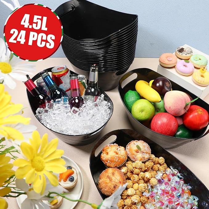 Norme 24 Pcs Oval Storage Tub with Handles 4.5L Plastic Ice Bucket, Wine, Beer, Champagne Drink Cooler for Parties, Beverage Storage Basket(Black)