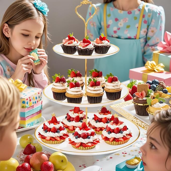 Supernal 10 Pack Dessert Table Display Set -4 Sets 3 Tier Cupcake Stand,6 Pcs Food Serving Trays,Elegant Tableware for Cupcakes and Snacks,Perfect for Tea Party Baby Shower Decorations(White and Gold)