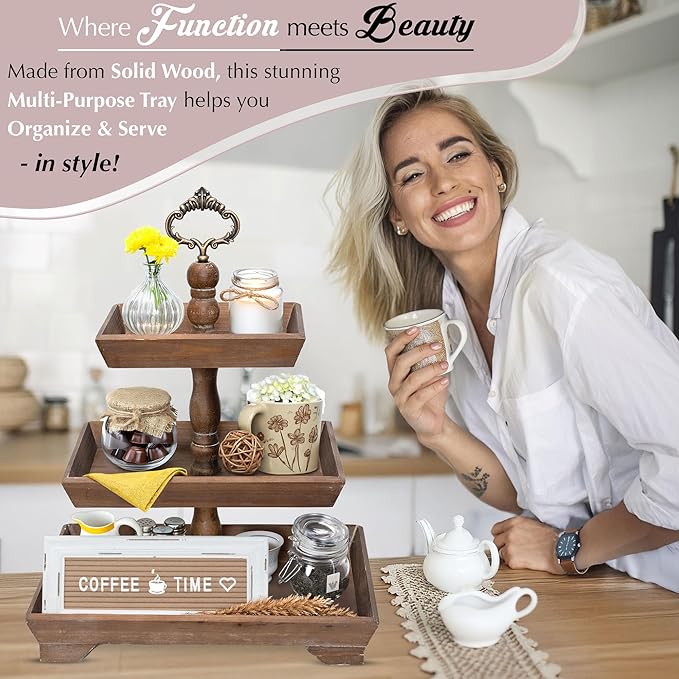 3 Tier Serving Tray [3 in 1] - Gorgeous Coffee Table Tray [Includes 3 Changeable Handles] - Can Assemble into a 1, 2 or 3 Tier Decor - Kitchen Table Centerpiece - Rectangle Wooden Serving Stand