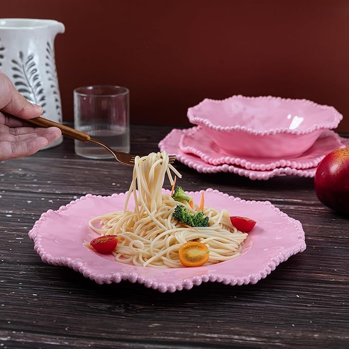 Pink Dishes Melamine Dinnerware Sets, 18 Piece Kitchen Plates and Bowls tableware Set, Lightweight, BPA free Beaded Serving Dishes for Girls, Valentine's Day, Mother's Day. Service for 6.
