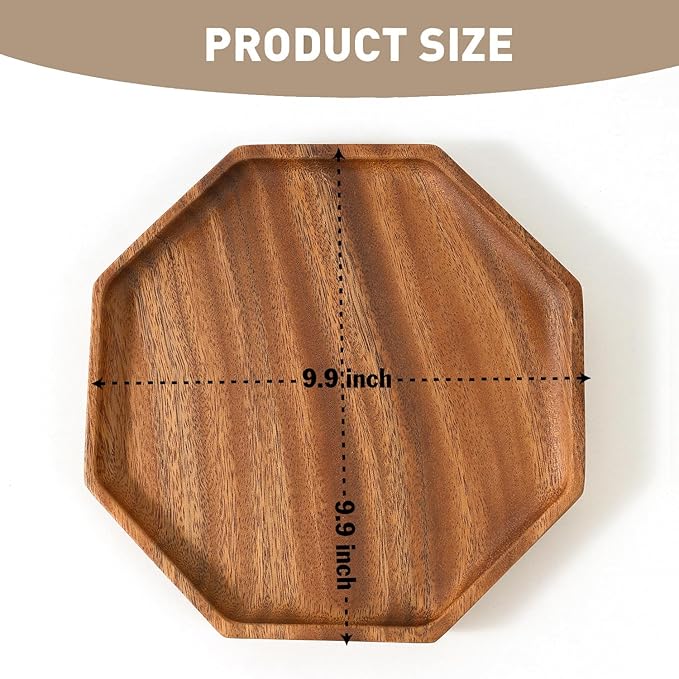 Premium Walnut Wood Octagon Serving Tray Set of 2(8", 10")-100% Natural Wooden Serving Tray for Coffee Table-Great Ottoman Tray Home Decor Platter-Perfect for Serving Drinks & Food