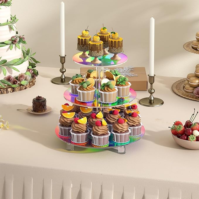 Acrylic Cupcake Stand, 3 Tier Round, Clear Dessert Tower Holder Display with Base for Baby Shower, Birthday Party,Wedding,Christmas,Reception (Rainbow Colors)