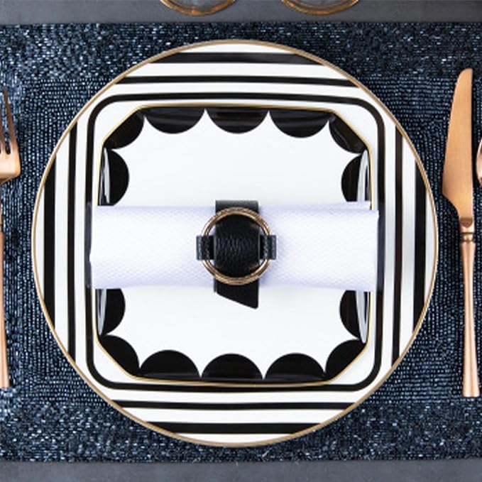 gold trim dinnerware set service for 6, 24 pieces black and white ceramic plate set, bone china plate and cup sets for hotel, birthday, Mother's Day